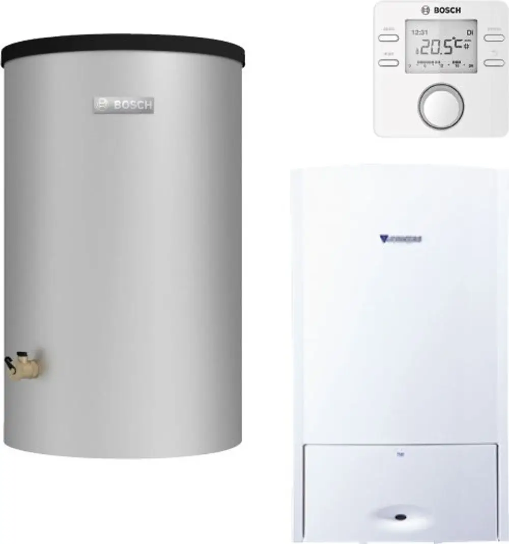 Energieeffizientes Heizsystem von Bosch mit einem silbernen Warmwasserspeicher, einem weißen Kombi-Heizgerät und einem digitalen Thermostat zur Temperaturregelung.